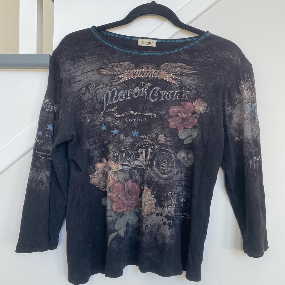 Black Graphic Long Sleeve Shirt with sequin beading